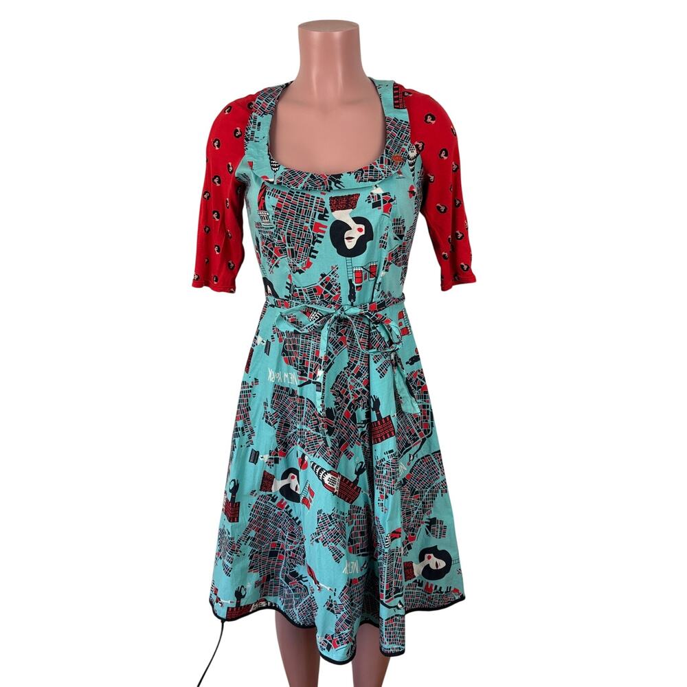 Blutsgeschwister Fit Flare Dress Teal Blue NYC New York Twee Retro Novelty